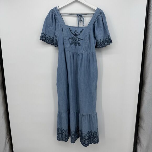 Old Navy Chambray Denim Embroidered Long Flutter Sleeve Dress Size Small Boho - Picture 1 of 11